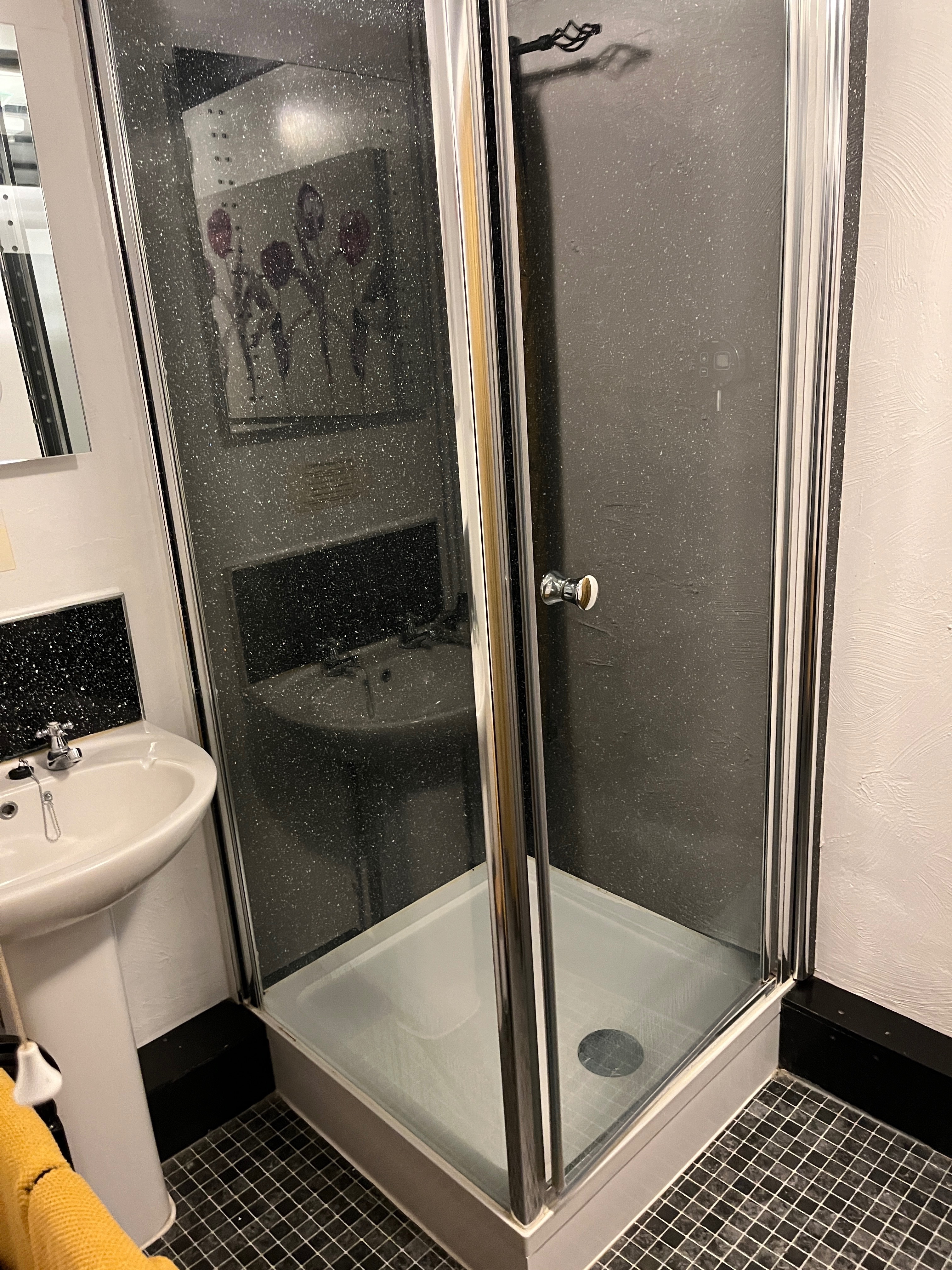 En-suite bathroom with walk-in shower and black sparkle tiles